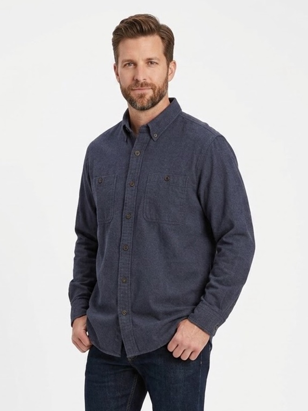 Duluth Trading Co Men's Large Trim Fit 100% Cotton Button Down Shirt Navy Blue